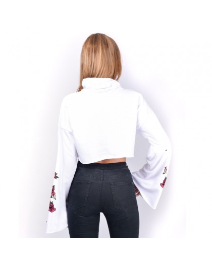 AEA Woman's Cropped Sweat-shirt Salem  Embroidery Roses Solid White 2