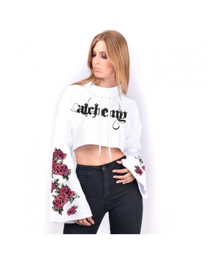 AEA Woman's Cropped Sweat-shirt Salem  Embroidery Roses Solid White