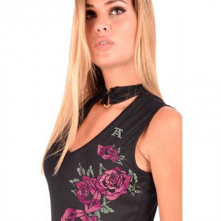 AEA Woman's Top Xenia "Embroided Flowers" Solid Black