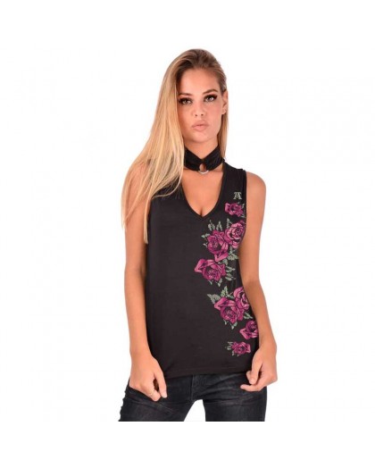 AEA Woman's Top Xenia "Embroided Flowers" Solid Black