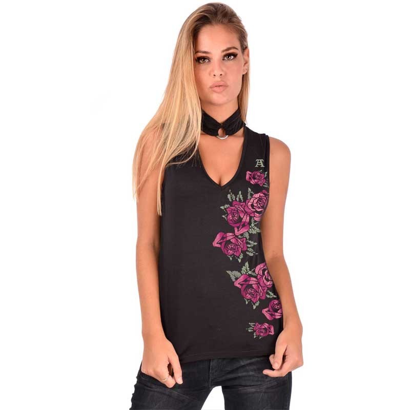 AEA Woman's Top Xenia "Embroided Flowers" Solid Black