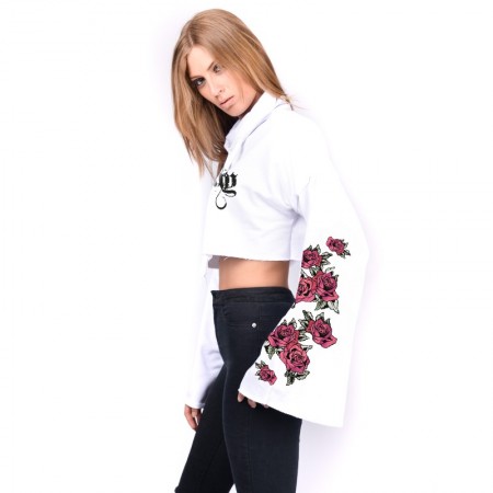 EA Woman's Cropped Sweat-shirt Salem  Embroidery Roses Solid White